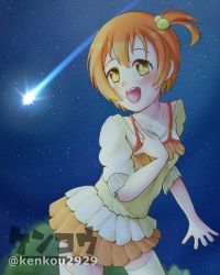 Rule 34 | 1girl, alternate hairstyle, artist name, artist request, bare shoulders, blue sky, blush, breasts, brown hair, camisole, cloud, collarbone, female focus, green eyes, hair between eyes, hair bobbles, hair ornament, highres, hoshizora rin, layered skirt, looking at viewer, love live!, love live! school idol festival, love live! school idol project, miniskirt, orange hair, orange skirt, outdoors, parted lips, plaid, plaid skirt, pleated, pleated skirt, puffy short sleeves, puffy sleeves, shirt, shooting star, short hair, short sleeves, side ponytail, skirt, sky, sleeves past elbows, small breasts, smile, solo, star (sky), white legwear, white shirt, white skirt, yellow eyes