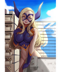 Rule 34 | 1girl, blonde hair, blush, bodysuit, boku no hero academia, border, breasts, brown eyes, building, covered navel, domino mask, fake horns, giant, giantess, half-closed eyes, hand on own chest, highres, horns, impossible clothes, long hair, mask, medium breasts, mount lady, nico-mo, nose blush, open mouth, sky, smile, solo, teeth, tongue, upper teeth only, white border