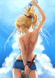 Rule 34 | 1girl, alternate breast size, arm behind back, arm up, ass, back, bare back, blonde hair, blue sky, blush, bottle, bracelet, braid, breasts, clarent (fate), closed eyes, closed mouth, cutoffs, day, denim, denim shorts, fate/apocrypha, fate (series), french braid, from behind, hair ornament, hair scrunchie, highres, holding, holding bottle, holding sword, holding weapon, jewelry, long hair, medium breasts, micro shorts, mordred (fate), mordred (fate/apocrypha), ponytail, pouring, pouring onto self, red scrunchie, scrunchie, short shorts, shorts, shoulder blades, sidelocks, sky, smile, solo, sword, thighs, tonee, topless, v-shaped eyebrows, water bottle, weapon, wet