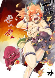 Rule 34 | 1boy, 1girl, armlet, bare shoulders, black dress, bowsette, bracelet, breasts, burning, burnt clothes, collar, covering privates, covering breasts, crown, crying, crying with eyes open, dress, earrings, facial hair, fire, fleeing, flower, groin, hand up, hat, hip focus, holding, holding flower, horns, jewelry, large breasts, long hair, mario, mario (series), mustache, new super mario bros. u deluxe, nintendo, one eye closed, orange hair, running, shell, smoke, solo focus, sound effects, spiked shell, spiked tail, spikes, strapless, strapless dress, sweat, tail, tears, thick eyebrows, thighlet, tibonobannsann, torn clothes, turtle shell, v-shaped eyebrows