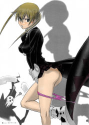 Rule 34 | 00s, 1girl, ass, blonde hair, boots, breasts, colorized, highres, impossible clothes, impossible shirt, legs, maka albarn, miniskirt, momoi nanabei, open mouth, panties, panty pull, pink panties, pink theme, shadow, shinigami-sama, shirt, skirt, soul eater, twintails, underwear