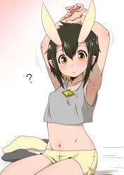 Rule 34 | 1girl, armpits, arms up, black hair, blonde hair, blush, breasts, brown eyes, character request, copyright request, crop top, female focus, hair between eyes, horns, looking at viewer, multicolored hair, navel, on bed, pointy ears, short shorts, shorts, sitting, small breasts, solo, stretching, tank top, uchuu ika, underboob, yellow shorts