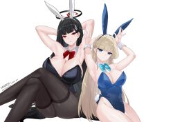 Rule 34 | 2girls, absurdres, amai-pai, animal ears, black hair, black leotard, black pantyhose, blonde hair, blue archive, blue bow, blue bowtie, blue eyes, blue leotard, bow, bowtie, breasts, cleavage, closed mouth, fake animal ears, hair ornament, hairpin, halo, highres, large breasts, leotard, long hair, looking at viewer, medium breasts, multiple girls, official alternate costume, pantyhose, parted lips, rabbit ears, red bow, red bowtie, red eyes, rio (blue archive), simple background, strapless, strapless leotard, toki (blue archive), toki (bunny) (blue archive), white background, wrist cuffs