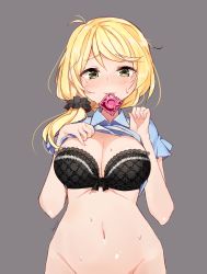 Rule 34 | 1girl, artist name, bad id, bad pixiv id, black bra, blonde hair, blue shirt, blush, bottomless, bow, bow bra, bra, breasts, cleavage, clothes lift, condom, condom in mouth, condom wrapper, ellen baker, eyebrows, goyain, groin, heart, heart-shaped pupils, highres, large breasts, lifted by self, looking at viewer, mouth hold, navel, new horizon, out-of-frame censoring, ponytail, scrunchie, shirt, shirt lift, short sleeves, simple background, solo, strapless, strapless bra, sweat, symbol-shaped pupils, underwear, yellow eyes