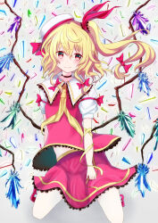 Rule 34 | 1girl, adapted costume, alternate headwear, alternate wings, closed mouth, collared shirt, crystal, flandre scarlet, full body, grey background, hair between eyes, hair ribbon, head tilt, long hair, looking at viewer, mary janes, multicolored wings, natsu narumi, one side up, puffy short sleeves, puffy sleeves, red eyes, red ribbon, red skirt, red vest, ribbon, shirt, shoes, short sleeves, simple background, skirt, socks, solo, touhou, vest, white shirt, white socks, wings