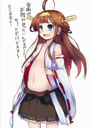 Rule 34 | 10s, 1girl, absurdres, aged down, ahoge, bare shoulders, brown hair, detached sleeves, flat chest, hairband, highres, kantai collection, kongou (kancolle), long hair, no bra, nontraditional miko, open clothes, open mouth, open shirt, personification, shirt, skirt, solo, tenken (gotannda)