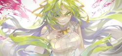 Rule 34 | 1girl, absurdres, angry, blurry, breasts, clenched teeth, commentary, floating hair, furious, green eyes, green hair, hair ribbon, hand up, highres, higurashi no naku koro ni, kyusoukyu, large breasts, long hair, looking at viewer, parted lips, ribbed sweater, ribbon, sleeveless, sleeveless sweater, sleeveless turtleneck, solo, sonozaki shion, sweater, symbol-only commentary, teeth, turtleneck, turtleneck sweater, upper body, v-shaped eyebrows, very long hair, white background, white sweater, wristband, yellow ribbon