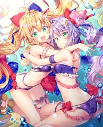 Rule 34 | 2girls, :d, ahoge, alternate costume, alternate hairstyle, armband, ass, azur lane, bandeau, bare legs, bare shoulders, bikini, blonde hair, blue background, blue bow, blush, bow, breasts, bridal garter, butt crack, collarbone, commentary request, cross, cross earrings, earrings, feet out of frame, frilled bikini, frills, green eyes, hair bow, hair intakes, hug, jewelry, l&#039;opiniatre (azur lane), l&#039;opiniatre (beachside magician) (azur lane), le temeraire (azur lane), le temeraire (summery temeraire!) (azur lane), long hair, applying manicure, medium breasts, multiple girls, nail polish, navel, open mouth, orange nails, polka dot, polka dot background, purple bikini, purple hair, red bow, red nails, riichu, sidelocks, small breasts, smile, stomach, strapless, strapless bikini, swimsuit, thigh strap, thighs, twintails, very long hair