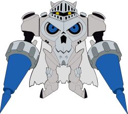 Rule 34 | cape, digimon, digimon (creature), lance, looking at viewer, polearm, skull, skullknightmon (blue), solo, transparent background, weapon