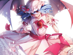 Rule 34 | 1girl, apple, backlighting, bat wings, blue hair, bow, dress, food, fruit, hat, hat bow, highres, ling (vivianling), mob cap, petticoat, red eyes, remilia scarlet, sash, solo, touhou, wings, wrist cuffs