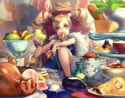 Rule 34 | 1girl, banana, bottle, bread, cheek bulge, chicken (food), chicken leg, clam, dirty, dirty face, drill hair, eating, food, fork, fruit, grapes, ice cream, ice cream cone, long hair, meat, melon, minoo, necktie, orange (fruit), original, pasta, pig head, pink eyes, servant, solo focus, throne, twin drills, twintails, very long hair, wristband