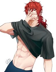 Rule 34 | 1boy, abs, asterrales, black shirt, blue pants, clothes lift, covering own mouth, diluc (genshin impact), genshin impact, guilty challenge (meme), hair between eyes, hand over own mouth, highres, long hair, male focus, meme, muscular, muscular male, navel, pants, red eyes, red hair, shirt, shirt lift, smile, solo, stomach, white background