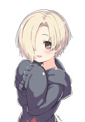 Rule 34 | 1girl, blonde hair, blush, character name, ear piercing, grey hoodie, hair over one eye, hands up, hood, hood down, hoodie, idolmaster, idolmaster cinderella girls, idolmaster cinderella girls starlight stage, kuresuku (lessons), long sleeves, looking at viewer, open mouth, piercing, red eyes, shirasaka koume, short hair, simple background, sleeves past fingers, sleeves past wrists, smile, solo, upper body, white background