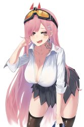 Rule 34 | 1girl, absurdres, bag, black skirt, black thighhighs, blush, breasts, brown eyes, cleavage, collarbone, earrings, eyewear on head, feet out of frame, girls&#039; frontline, hand in own hair, highres, holding, holding bag, huge filesize, jewelry, kimi (hearty yuuki), large breasts, long hair, looking at viewer, mole, mole under eye, neck tattoo, open mouth, pink hair, shirt, sig mcx (girls&#039; frontline), skirt, solo, standing, tattoo, thighhighs, white background, white shirt