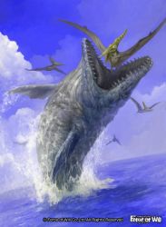 Rule 34 | cloud, copyright name, day, douzen, fangs, force of will, mosasaur, no humans, official art, open mouth, outdoors, prehistoric animal, pterosaur, sky, solo, tongue, tongue out, water, wings