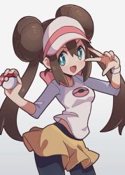 Rule 34 | 1girl, :d, black pantyhose, bow, breasts, bright pupils, brown hair, commentary request, cowboy shot, creatures (company), double bun, game freak, green eyes, hair bun, hands up, highres, hiisu (s-1104-d), holding, holding poke ball, long hair, nintendo, open mouth, pantyhose, pantyhose under shorts, pink bow, poke ball, poke ball (basic), pokemon, pokemon bw2, raglan sleeves, rosa (pokemon), short shorts, shorts, smile, solo, tongue, twintails, visor cap, w, white pupils, yellow shorts