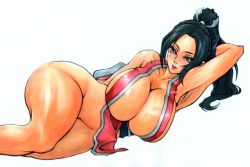 Rule 34 | 1girl, arm behind head, armpits, black hair, breasts, brown eyes, curvy, fatal fury, female focus, groin, huge breasts, long hair, lying, ninja, no panties, on side, ponytail, shiranui mai, simple background, solo, the king of fighters, thighs, white background, wide hips, wrato