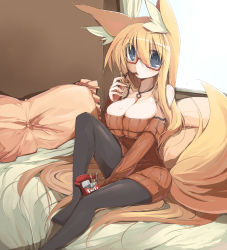 Rule 34 | 1girl, animal ears, aoi (naomi), bad id, bad pixiv id, black pantyhose, blue eyes, borrowed character, breasts, endou chihiro, food, fox ears, fox tail, glasses, highres, hutaba aoi, large breasts, long hair, looking at viewer, original, pantyhose, pocky, sitting, tail