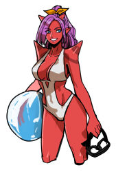 Rule 34 | 1girl, ball, blue eyes, breasts, colored skin, copyright request, covered navel, cowboy shot, cropped legs, highres, holding, holding ball, large breasts, long hair, okada (hoooojicha), one-piece swimsuit, parted lips, pointy ears, ponytail, purple hair, red skin, simple background, smile, solo, swimsuit, white background, white one-piece swimsuit