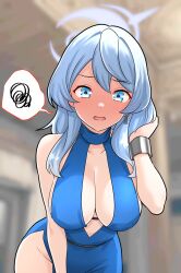 Rule 34 | 1girl, ako (blue archive), ako (dress) (blue archive), blue archive, blue dress, blue eyes, blue hair, blue halo, blush, breasts, cowboy shot, cuffs, dress, earrings, furaggu (frag 0416), groin, hair between eyes, halo, handcuffs, highres, jewelry, large breasts, long hair, looking at viewer, official alternate costume, open mouth, sideboob, sleeveless, sleeveless dress, solo, spoken squiggle, squiggle