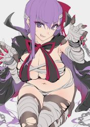 Rule 34 | 1girl, bandaged arm, bandaged leg, bandages, bb (fate), bb (fate/extra), bow, breasts, cape, chain, cleavage, covered erect nipples, cuffs, eyes visible through hair, eyeshadow, fang, fate/grand order, fate (series), fingernails, grey background, haoni, highres, injury, large breasts, long hair, looking at viewer, makeup, nail polish, navel, open mouth, purple eyes, purple hair, red nails, red neckwear, scar, scar on face, shackles, sharp fingernails, simple background, sitting, sketch, smile, solo, torn clothes, torn legwear, unfinished, very long hair