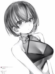 Rule 34 | 1girl, bad id, bad pixiv id, bare shoulders, breasts, closed mouth, dated, earrings, greyscale, highres, indie virtual youtuber, jewelry, large breasts, looking at viewer, mole, mole under mouth, monochrome, nanashi (nlo), seno yuuri, short hair, simple background, solo, virtual youtuber, white background