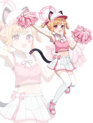 Rule 34 | 1girl, :3, absurdres, alternate costume, animal ears, arm up, armpits, blonde hair, blue archive, bow, bow skirt, cat ears, cat tail, cheerleader, commentary request, cross-laced footwear, fake animal ears, fake tail, floating, full body, halo, highres, holding, holding pom poms, looking at viewer, midriff, momoi (blue archive), multicolored clothes, multicolored headwear, navel, nez (nez 0 0), parted bangs, pink bow, pink eyes, pink footwear, pink halo, pom pom (cheerleading), pom poms, sailor collar, shirt, short hair, short twintails, sidelocks, simple background, skirt, sleeveless, sleeveless shirt, star (symbol), sticker on face, tail, thighhighs, twintails, v-shaped eyebrows, visor cap, white background, white headwear, white sailor collar, white skirt, white thighhighs, zoom layer