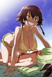 Rule 34 | 10s, 2girls, all fours, anchovy (girls und panzer), artist name, ass, bikini, bikini top only, black hair, blue sky, braid, breasts, brown eyes, butt crack, cleavage, closed eyes, cloud, cloudy sky, covered erect nipples, day, dimples of venus, downpants, drill hair, duplicate, girls und panzer, green hair, grin, hanging breasts, highres, inu (aerodog), large breasts, long hair, multiple girls, outdoors, partially submerged, pepperoni (girls und panzer), perky breasts, red bikini, short hair, short shorts, shorts, side braid, sky, small breasts, smile, sweat, swimsuit, twitter username, underboob, untied bikini, wet, wet hair