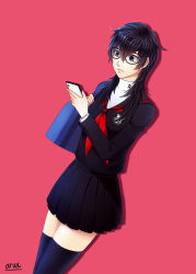 Rule 34 | 1girl, amamiya ren, artist name, aruetsuto, bag, black hair, black skirt, black thighhighs, closed mouth, commentary, english commentary, expressionless, feet out of frame, genderswap, genderswap (mtf), glasses, holding, holding bag, holding phone, jacket, long hair, long sleeves, looking at phone, persona, persona 5, phone, pleated skirt, red background, red sailor collar, sailor collar, school uniform, shadow, shirt, shuujin academy school uniform, simple background, skirt, solo, thighhighs, white shirt