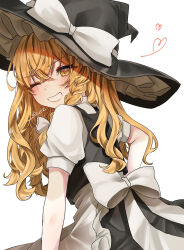 Rule 34 | 1girl, ;d, apron, back bow, black hat, black skirt, black vest, blonde hair, blush, bow, braid, collared shirt, commentary request, crossed bangs, from behind, grin, hair between eyes, hair bow, hat, hat bow, heart, highres, izumi no yasushi aya, kirisame marisa, long hair, looking at viewer, looking back, one eye closed, open mouth, puffy short sleeves, puffy sleeves, shirt, short sleeves, signature, simple background, single braid, skirt, smile, solo, touhou, tsurime, v-shaped eyebrows, vest, waist apron, wavy hair, weapon, white apron, white background, white bow, witch hat, yellow eyes