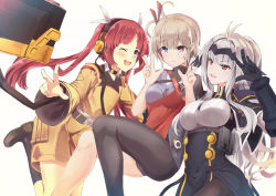 Rule 34 | 3girls, ahoge, ash arms, asymmetrical legwear, black dress, black gloves, black headband, black legwear, blue eyes, breasts, character request, closed mouth, commentary request, double w, dress, floating, gloves, headband, headphones, heterochromia, jumpsuit, kerureru, large breasts, light brown hair, long hair, long sleeves, looking at viewer, medium dress, monocle, multiple girls, one eye closed, open mouth, pantyhose, red dress, red eyes, red hair, round eyewear, short dress, short hair, short jumpsuit, side slit, sidelocks, silver hair, simple background, smile, uneven legwear, w, white background, wide sleeves, yellow jumpsuit