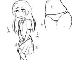 Rule 34 | 1girl, between legs, blush, bow, bowtie, cameltoe, closed mouth, embarrassed, female focus, flat chest, greyscale, hand between legs, have to pee, japanese text, long hair, miniskirt, monochrome, motion lines, multiple views, navel, original, pleated skirt, shirt, short sleeves, simple background, sketch, skindentation, skirt, standing, sweat, tako238, translation request, v arms, white background