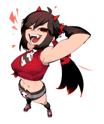Rule 34 | 1girl, abs, absurdres, ahoge, armpits, arms behind head, arms up, belt, belt buckle, black nails, borrowed character, brown hair, buckle, eyeshadow, fangs, fingerless gloves, fingernails, gloves, hair ribbon, highres, horns, lightning bolt print, lightning bolt symbol, long hair, makeup, nail polish, navel, necktie, one eye closed, oni, oni-chan (suizilla), oni horns, open mouth, original, red eyeshadow, red footwear, red gloves, ribbon, skull belt, smile, solo, ssambatea, toned, tongue, twintails, white necktie