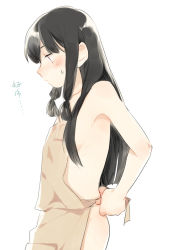 Rule 34 | 1girl, alternate costume, alternate hairstyle, apron, black hair, blush, brown apron, closed mouth, d.y.x., hair down, kantai collection, kitakami (kancolle), long hair, naked apron, purple eyes, sidelocks, simple background, solo, sweat, translation request, tying apron, white background