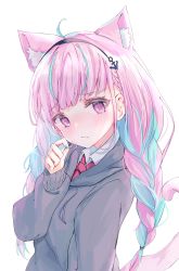 Rule 34 | 1girl, ahoge, anchor symbol, animal ear fluff, animal ears, blue eyes, blue hair, blunt bangs, blush, braid, cat ears, cat girl, cat tail, closed mouth, collared shirt, commentary, from side, grey hoodie, hairband, hand up, highres, hololive, hood, hoodie, long hair, long sleeves, looking at viewer, looking to the side, messy hair, minato aqua, necktie, shin murasame, shirt, sidelocks, solo, standing, tail, twin braids, upper body, virtual youtuber, white background