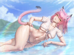 Rule 34 | 1girl, animal ears, bare legs, bikini, breasts, cat ears, cat girl, cat tail, day, feet out of frame, front-tie top, green eyes, highres, indie virtual youtuber, large breasts, long hair, looking at viewer, navel, no pants, nomalman, open mouth, outdoors, pink hair, see-through, shirt, short sleeves, solo, stomach, string bikini, sunlight, swimsuit, tail, tail raised, thighs, underboob, virtual youtuber, water, wet, wet clothes, wet shirt, white bikini, white shirt