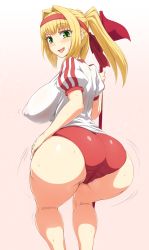 Rule 34 | 10s, 1girl, ass, ass shake, bent over, blonde hair, blush, breasts, buruma, cameltoe, cleft of venus, covered erect nipples, fate/extra, fate (series), flag, from behind, gradient background, green eyes, gym uniform, hair intakes, hand on own hip, headband, highres, hip focus, huge ass, huge breasts, jadf, jiggle, long hair, looking at viewer, looking back, nero claudius (fate), nero claudius (fate) (all), nero claudius (fate/extra), open mouth, ponytail, pussy juice, shiny clothes, shiny skin, sideboob, smile, solo, sweat, thick thighs, thighs, wide hips