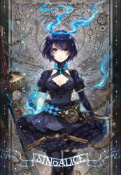 Rule 34 | 1girl, alice (sinoalice), belt, black gloves, black thighhighs, blue hair, breasts, chain, cleavage, cleavage cutout, clothing cutout, copyright name, crescent, dress, elbow gloves, floating, floating object, frilled dress, frills, garter straps, gem, gloves, hachi tsuzuri, hairband, heart, looking at viewer, medium breasts, parted lips, puffy short sleeves, puffy sleeves, red eyes, roman numeral, short hair, short sleeves, single glove, sinoalice, solo, standing, sword, thighhighs, turtleneck, weapon