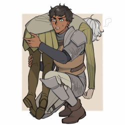 Rule 34 | 2boys, ankle boots, armor, black hair, black shirt, blue eyes, boots, brown footwear, carrying over shoulder, chainmail, dark-skinned male, dark skin, dungeon meshi, elf, exhausted, full body, giving up the ghost, gorget, grey hair, highres, kabru, layered sleeves, leather armor, long sleeves, looking ahead, male focus, mithrun, multiple boys, on one knee, outside border, pants, pauldrons, pointy ears, reammara, shirt, shoe soles, short hair, short over long sleeves, short sleeves, shoulder armor, single pauldron, sweat, thai commentary, thigh boots, tunic, uniform