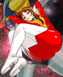 Rule 34 | 1970s (style), 1girl, ass, blue eyes, bodysuit, boots, brown hair, grendizer, huge ass, latex, lipstick, long hair, makeup, maria grace fleed, mazinger (series), mecha, multicolored clothes, oldschool, pilot suit, retro artstyle, robot, shiny clothes, skin tight, smile, tamaki nozomu, thigh boots, thighhighs, toei animation, ufo robo grendizer