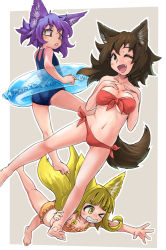 Rule 34 | &gt; o, 3girls, :d, barefoot, bikini, blonde hair, blue one-piece swimsuit, blush, border, breasts, brown eyes, brown hair, dog child (doitsuken), dog girl, dog girl (doitsuken), dog tail, doitsuken, fang, fox child (doitsuken), fox tail, grey background, grin, hands up, innertube, looking at viewer, medium breasts, multiple girls, multiple tails, one-piece swimsuit, one eye closed, open mouth, orange bikini, original, parted lips, purple hair, red bikini, red eyes, simple background, slit pupils, smile, swim ring, swimsuit, tail, thick eyebrows, two tails, white border, yellow eyes
