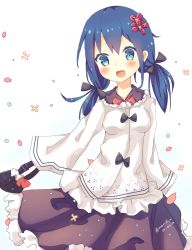 1girl :d artist_name bad_id bad_pixiv_id bag black_ribbon blue_eyes blue_hair blush bow breasts brown_skirt cowboy_shot dated female_focus flower frilled_shirt frilled_skirt frills hair_between_eyes hair_flower hair_ornament hair_ribbon handbag holding holding_bag long_hair long_sleeves low_twintails medium_breasts mony open_mouth original petals red_bow ribbon shirt skirt sleeves_past_wrists smile solo twintails white_background white_shirt wide_sleeves