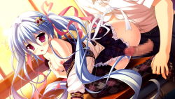 Rule 34 | 1girl, blue hair, blush, breasts, censored, collarbone, game cg, hair ornament, long hair, luluna, magical marriage lunatics!!, moonstone, nipples, open mouth, ornament, penis, purple eyes, ribbon, thighhighs, twintails, twintails, underwear, yamakaze ran