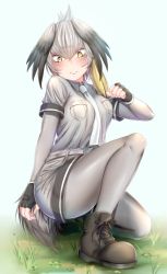Rule 34 | 10s, 1girl, black gloves, black hair, blonde hair, blush, boots, breast pocket, breasts, brown footwear, closed mouth, fingerless gloves, frown, gloves, grey hair, grey necktie, grey pantyhose, highres, kemono friends, large breasts, looking at viewer, multicolored hair, necktie, pantyhose, pocket, rama (yu-light8), shoebill (kemono friends), short hair, solo, squatting, yellow eyes