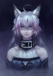 Rule 34 | 1girl, ahoge, animal ears, atalanta (fate), atalanta alter (fate), atalanta alter (first ascension) (fate), bare shoulders, belt collar, cat ears, closed mouth, collar, commentary, dark, english commentary, fate/apocrypha, fate (series), gradient hair, green eyes, grey hair, hair between eyes, highres, idk-kun, long hair, looking at viewer, multicolored hair, purple hair, slit pupils, solo, twitter username, upper body