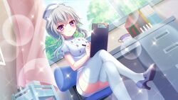 Rule 34 | 1girl, blue footwear, book, bookend, breasts, clipboard, closed mouth, crossed legs, cup, curtains, day, dot nose, dutch angle, file cabinet, film grain, from below, game cg, grey hair, hat, high heels, holding, holding clipboard, holding pen, ichijou ruka, indoors, izumi tsubasu, lens flare, looking at viewer, medium breasts, non-web source, nurse, nurse cap, official art, on chair, pen, purple eyes, re:stage!, short hair with long locks, short sleeves, sitting, smile, solo, sparkle, swivel chair, teacup, thighhighs, tree, white thighhighs, window, writing, zettai ryouiki