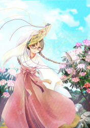 Rule 34 | 1girl, absurdres, black eyes, black hair, blue sky, braid, day, flower, folding fan, glasses, hakama, hand fan, highres, holding, holding fan, japanese clothes, leaf, long hair, maritsuki, miko, outdoors, parted lips, pink flower, plant, rdg red data girl, red-framed eyewear, red eyes, red ribbon, ribbon, rock, sky, solo, standing, string, suzuhara izumiko, twin braids, wide sleeves, wind