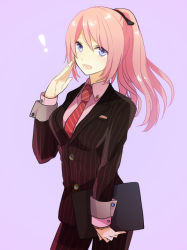 Rule 34 | !, 1girl, :d, akiyoshi (tama-pete), alternate costume, alternate hairstyle, blue eyes, cowboy shot, female focus, formal, hello worker, hello worker (vocaloid), holding, long hair, long sleeves, looking at viewer, megurine luka, necktie, office lady, open mouth, pink hair, pinstripe pattern, pinstripe suit, ponytail, project diva (series), project diva f 2nd, purple background, red necktie, simple background, smile, solo, standing, striped necktie, striped neckwear, suit, vertical stripes, vocaloid