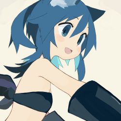 Rule 34 | 1girl, :d, animal ears, belt bra, blue eyes, blue hair, blush, breasts, commentary request, fang, gloves, grey background, hair between eyes, open mouth, original, pappii (paprika shikiso), paprika shikiso, small breasts, smile, solo, upper body