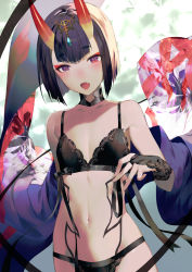 Rule 34 | 1girl, black bra, black gloves, black panties, bra, breasts, bridal gauntlets, bright pupils, choker, eyeliner, fang, fate/grand order, fate (series), fingerless gloves, gloves, highres, horns, japanese clothes, lace, lace-trimmed bra, lace-trimmed panties, lace trim, looking at viewer, makeup, navel, off shoulder, open mouth, panties, purple eyes, purple hair, salmon88, short hair, shuten douji (fate), shuten douji (first ascension) (fate), skin-covered horns, small breasts, solo, tattoo, underwear, white pupils